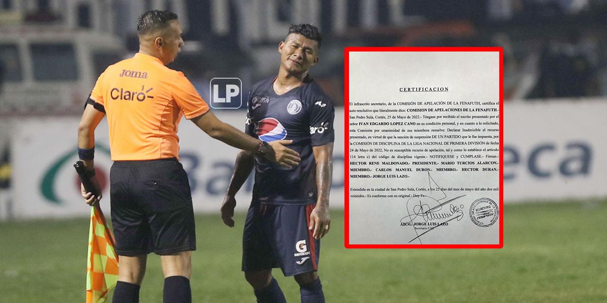 Comisión de Apelaciones declara inaceptable el pedido de Motagua para habilitar a Iván ‘Chino‘ López