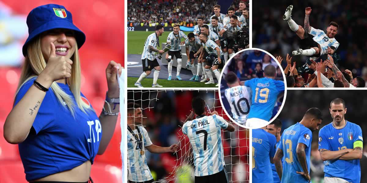 Las imágenes de la histórica Finalissima que le ganó Argentina por goleada (0-3) a Italia en Wembley para conquistar el trofeo internacional que enfrentó al campeón de Sudamérica y al monarca de Europa.