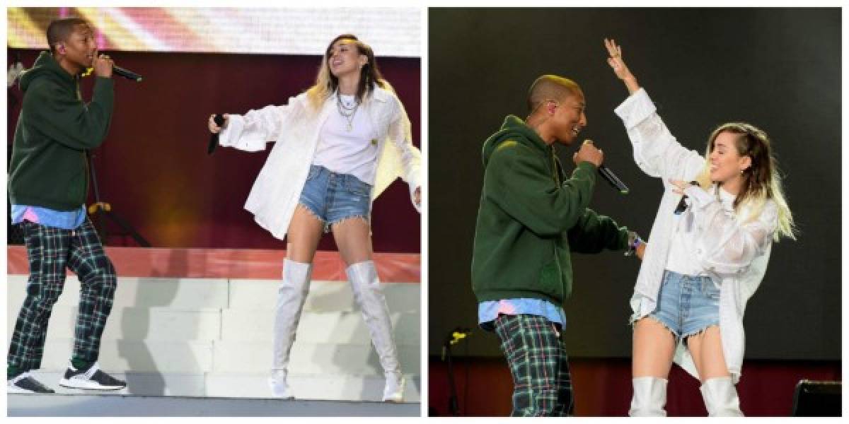 Pharrell Williams junto a Miley Cyrus cantando el super hit del 'Happy'.