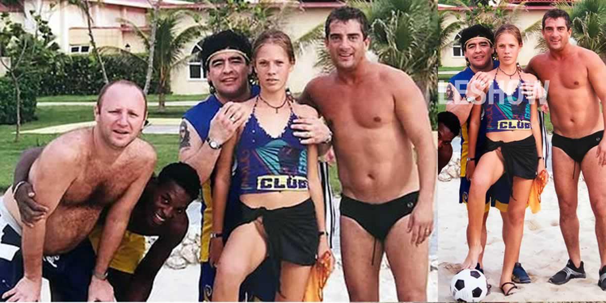 Mavys con Diego Maradona en una playa de Cuba. También en la foto aparecen Omar Suárez y Mariano Israelit, dos de los denunciados.