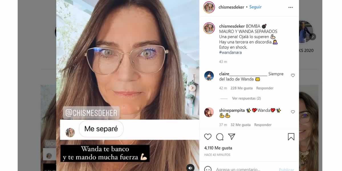 La conocida cuenta de Instagram que se dedica a las noticias del espectáculo ‘Chismes Deker’ compartió una captura del explosivo posteo de Wanda y quiso saber arrobándola: “¿A quién se lo dedicás Wanda?”.