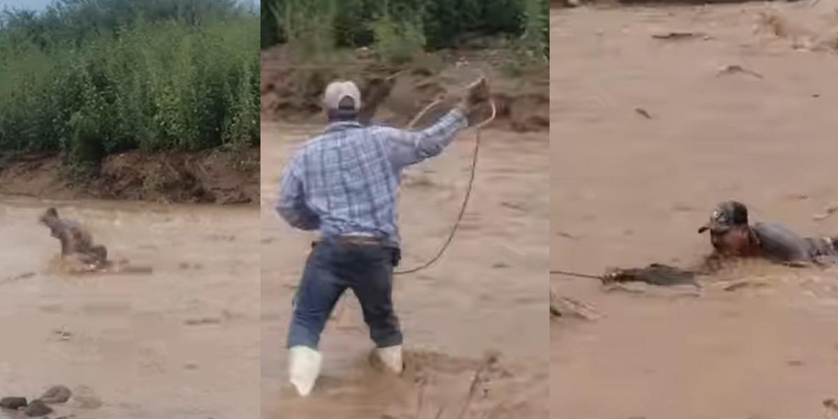 Video viral: Rescatan con lazo a hombre que era arrastrado por un río