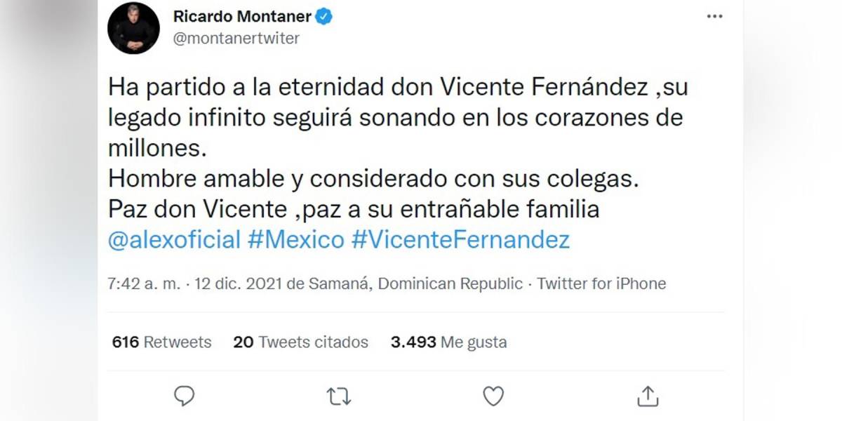 El cantautor Ricardo Montaner dijo que Chente fue un hombre amable y considerado con sus colegas. “Ha partido a la eternidad don Vicente Fernández, su legado infinito seguirá sonando en los corazones de millones. Paz don Vicente, paz a su entrañable familia”, compartió en Twitter. 