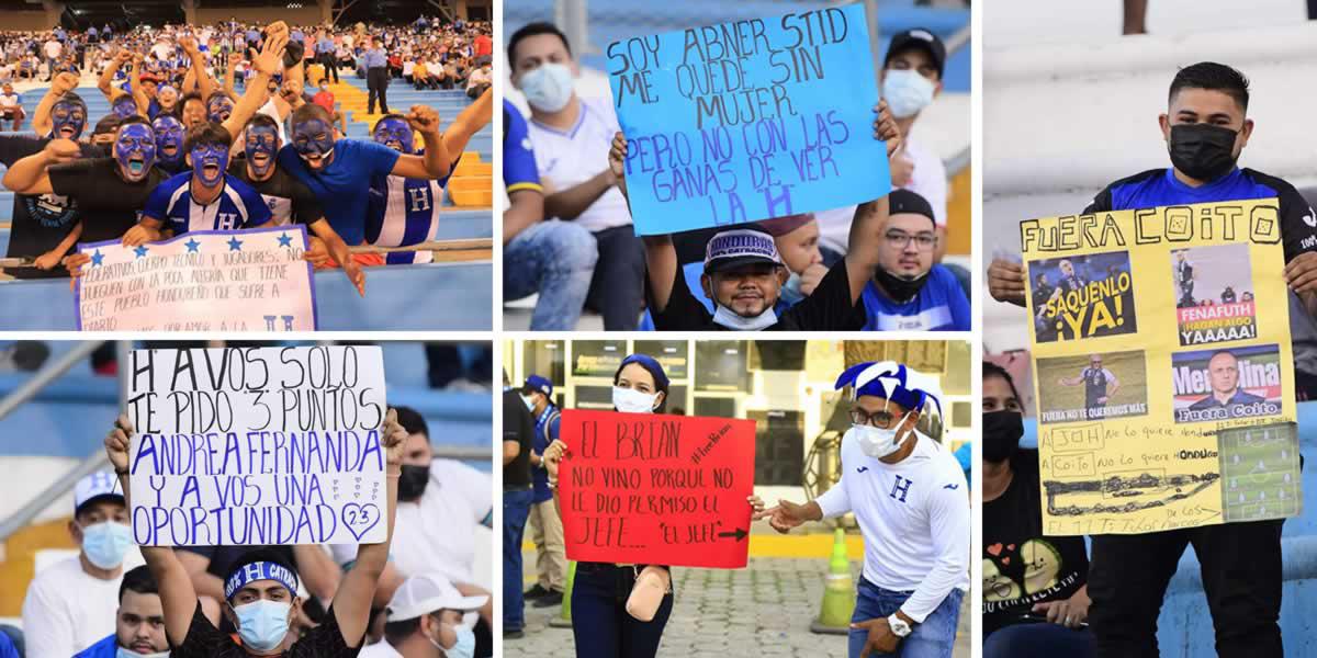 Aficionados de la Selección de Honduras llegaron al estadio Olímpico para el duelo ante Jamaica con llamativas pancartas. Algunas en dedicatoria a Fabián Coito.