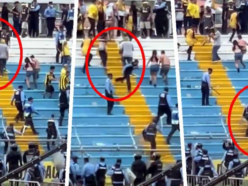 La mujer policía cayó por las gradas y su rostro impactó en el concreto.