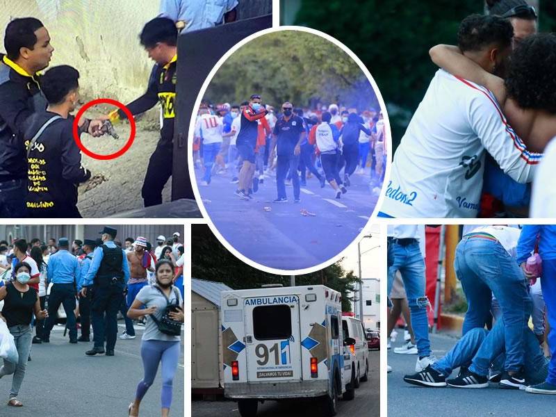 Las imágenes del enfrentamiento que protagonizaron las barras de Real España y Olimpia en las afueras del estadio Morazán previo a la Gran Final del Torneo Apertura 2021, dejando un salgo de 12 heridos y mucho terror.