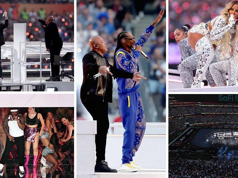 Las imágenes del espectacular show del medio tiempo Super Bowl LVI que disputan Los Angeles Rams y los Cincinnati Bengals en el SoFi Stadium de California.