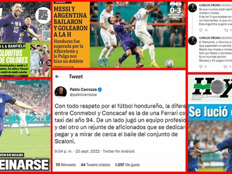 Diarios y periodistas argentinos, así como hondureños, destacaron la goleada que le propinó Argentina a Honduras en partido amistoso en Miami. Muchos criticaron al equipo catracho.