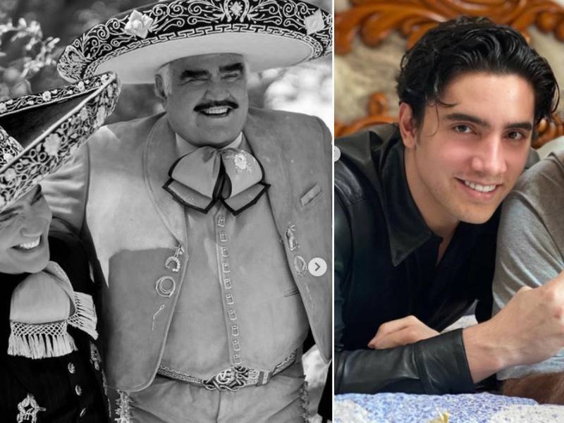 Alejandro y su hijo Alex posando junto con Vicente Fernández.