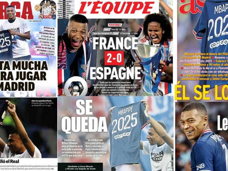 Lo que dicen los diarios en el mundo sobre la renovación de Kylian Mbappé con el PSG y su “no” al Real Madrid. En Francia se mofan del club merengue y otros hablan de “traición”.