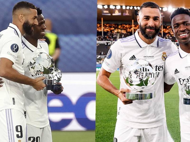 Karim Benzema y Vinicius recibieron sus premios como los mejores de la temporada pasada en la Champions League.