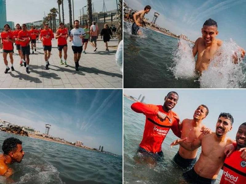 Los jugadores del Eintracht Frankfurt se bañaron este viernes en la playa de Barcelona después de la histórica victoria que lograron en el Camp Nou ante el equipo azulgrana (2-3) que les valió el pase a las semifinales de la Europa League.
