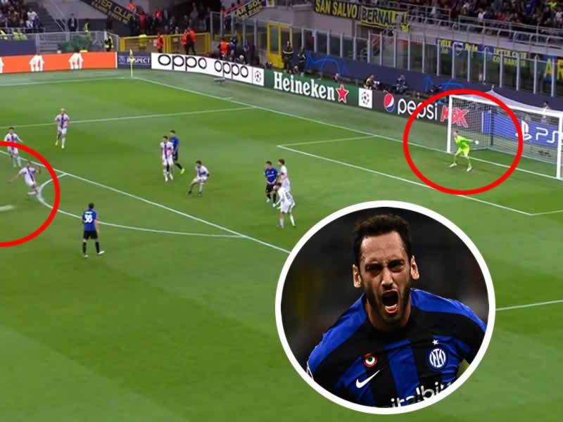 Hakan Çalhanoglu abrió el marcador para el Inter contra el Barcelona en el Giuseppe Meazza.