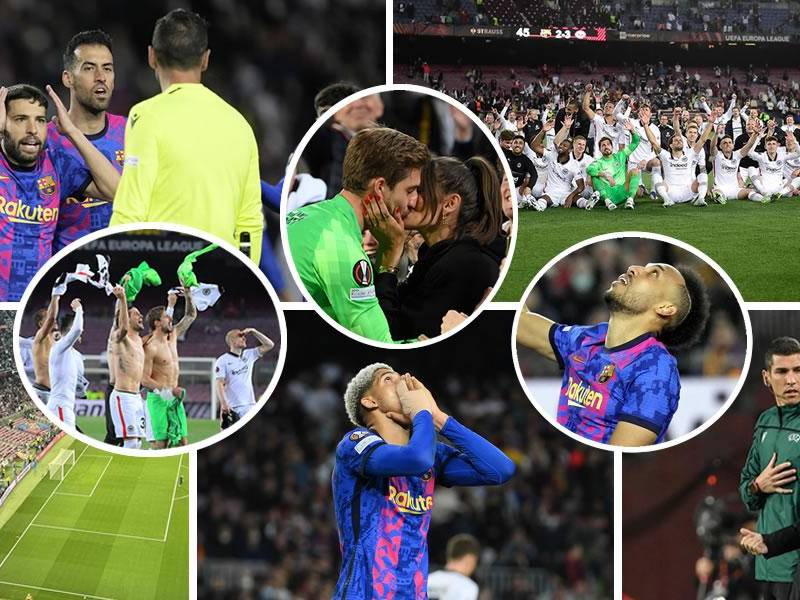 Las imágenes de la dolorosa eliminación del FC Barcelona en los cuartos de final de la Europa League tras perder (2-3) contra el Eintracht Frankfurt en un Camp Nou que se pintó de blanco con los aficionados alemanes.
