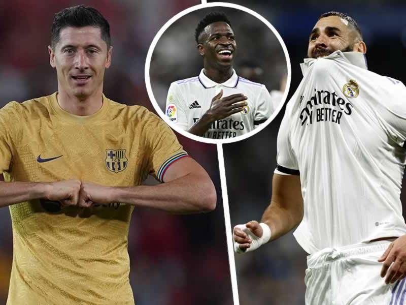 Robert Lewandowski le saca una buena ventaja a Karim Benzema y Vinicius en la tabla de goleadores de la Liga Española 2022-2023.