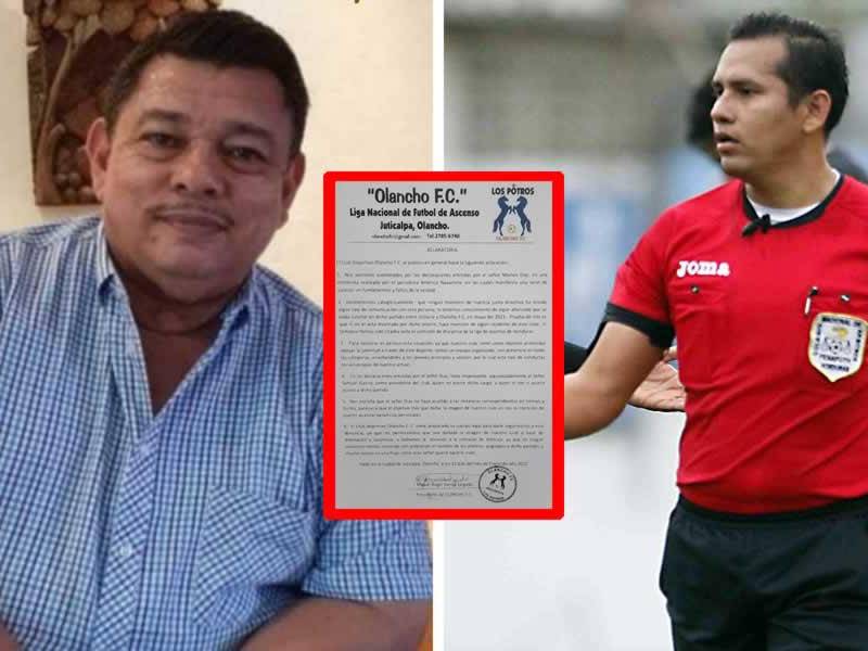 El árbitro Marlon Díaz acusó a Samuel García, presidente del Olancho FC, de agresión y amenazas.