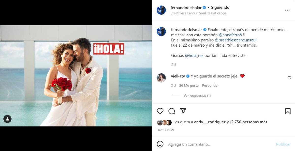 El presentador manifestó en redes su felicidad por llegar al altar con su pareja. “Finalmente, después de pedirle matrimonio... me casé con este bombón. Fue el 22 de marzo y me dio el “Sí”, trunfamos”, fue el emotivo mensaje de Fernando del Solar tras casarse con Anna Ferro. 