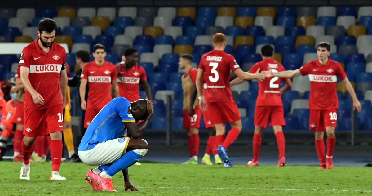 Jugadores del Spartak de Moscú celebrando un gol contra el Napoli.