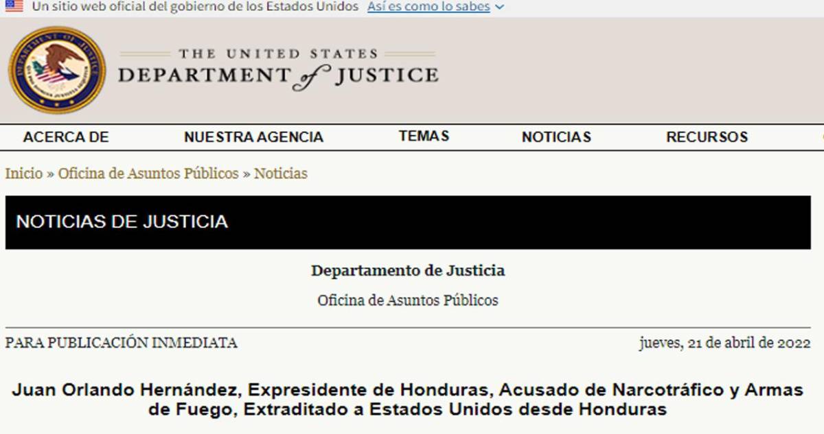 Comunicado del Departamento de Justicia de EEUU sobre los cargos contra Juan Orlando Hernández