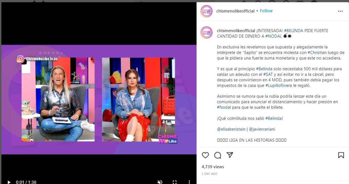 Javier Ceriani y Elisa Beristain, presentadores de “Chisme No Like”, dieron la exclusiva en su programa.