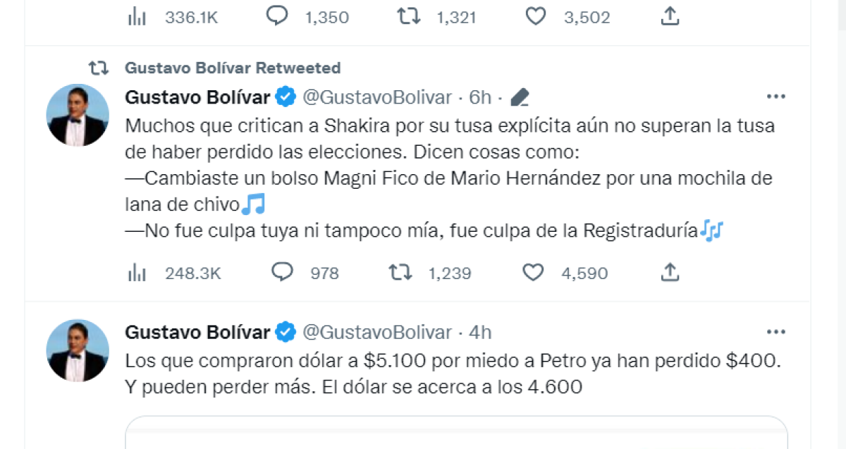 También en referencia a Clara Chía, la actual novia de Piqué a la que Shakira dedicó varias frases en su canción, el exsenador del oficialista Pacto Histórico Gustavo Bolívar le envió un mensaje a la oposición insinuando que aún no superó “la tusa de haber perdido las elecciones (presidenciales)”.