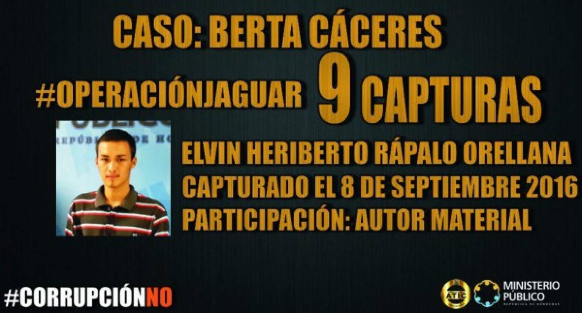 En septiembre de 2016, fue capturado Rápalo en el occidente del país. Según investigaciones de la ATIC, Rápalo Orellana es señalado como 'coautor' del asesinato de Cáceres y fue el que supuestamente disparó contra el mexicano Gustavo Castro, un ambientalista originario de Chiapas que estaba junto a la ambientalista cuando fue asesinada.