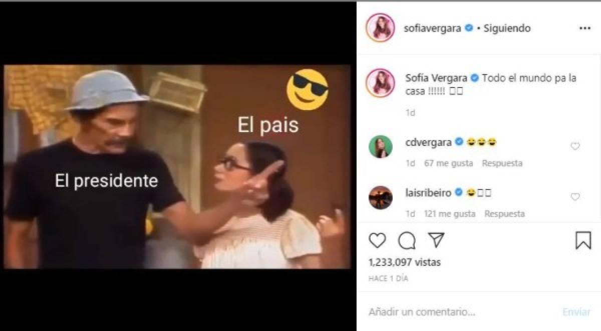 Sofía Vergara <br/><br/>'A encerrarse', enfatizó la actriz colombiana enviando un mensaje en español, desde su casa de Los Ángeles, pidiendo a sus compatriotas colombianos para que acaten las medidas de seguridad por 'su seguridad y la todos'.<br/>
