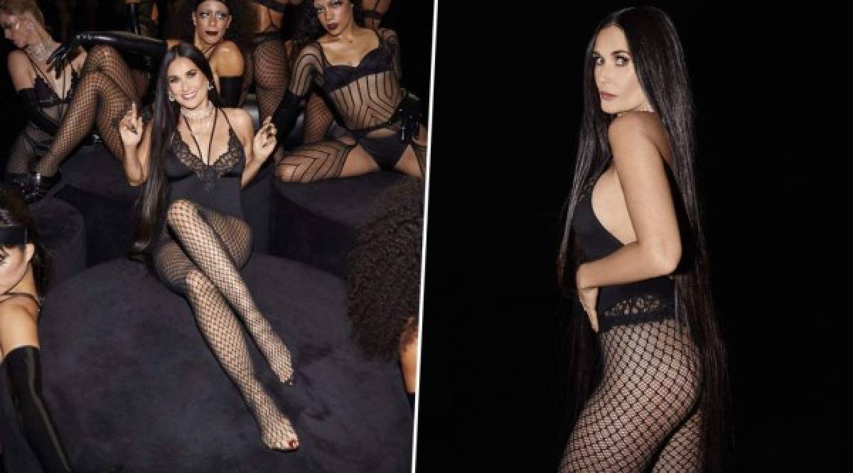 Una de las bellezas que engalanó el desfile de Rihanna fue la actriz Demi Moore. A sus 57 años y con una figura envidiable, Moore sorprendió a todos sus fanáticos en un desfile en el que portó una sensual pieza de lencería negra y dejó al descubierto su impresionante belleza.