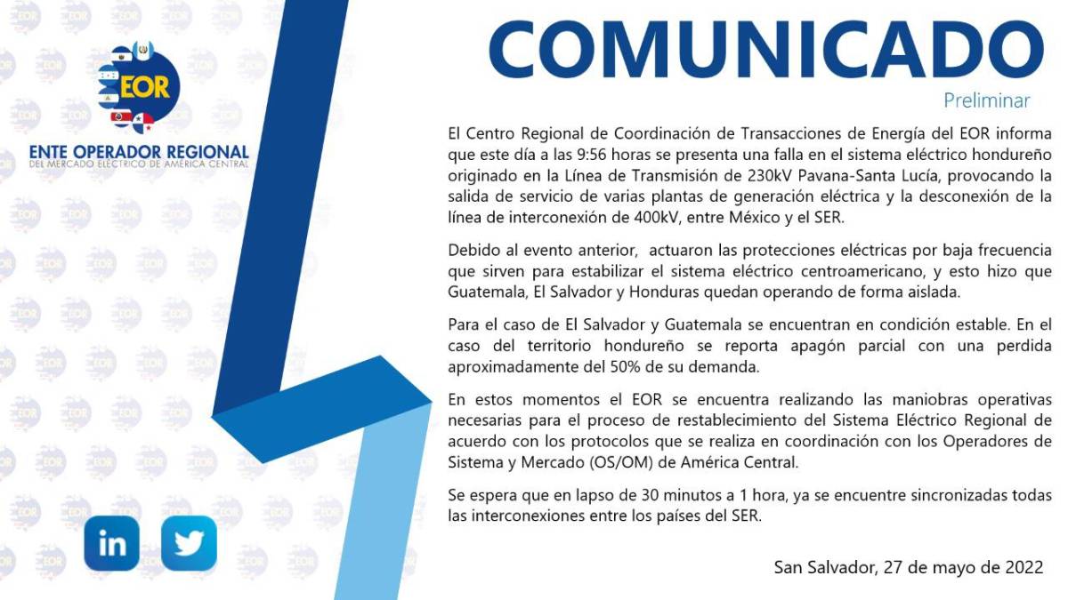 Falla eléctrica regional dejó sin energía a varios sectores de Honduras