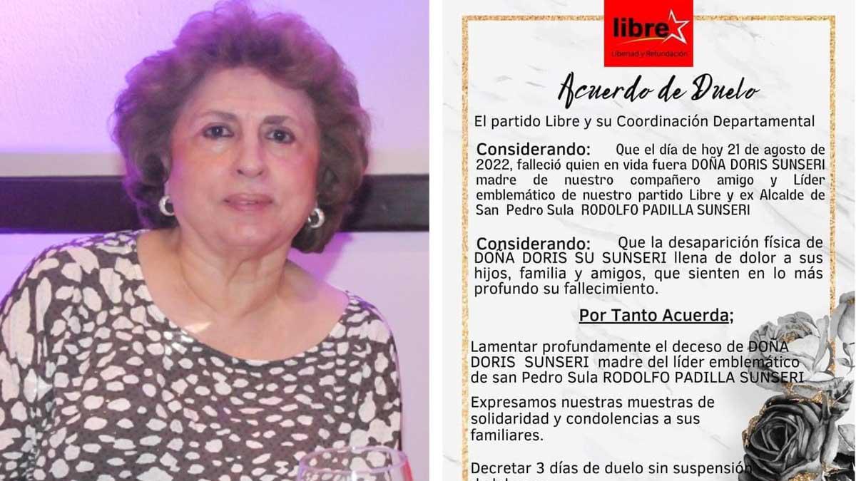 Muere doña Doris, exregidora y madre del exalcalde Rodolfo Padilla Sunseri en San Pedro Sula