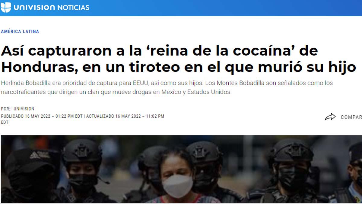 Medios internacionales califican a Herlinda Bobadilla como “la reina de la cocaína en Honduras”