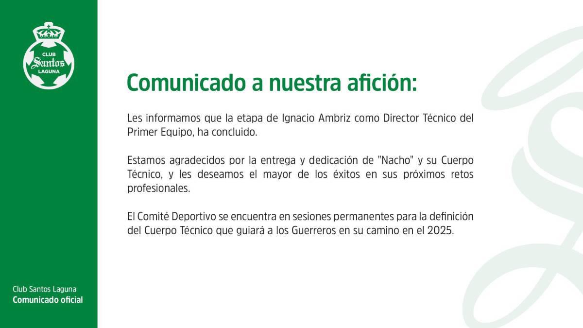 El comunicado del Santos Laguna sobre Ignacio Ambriz.