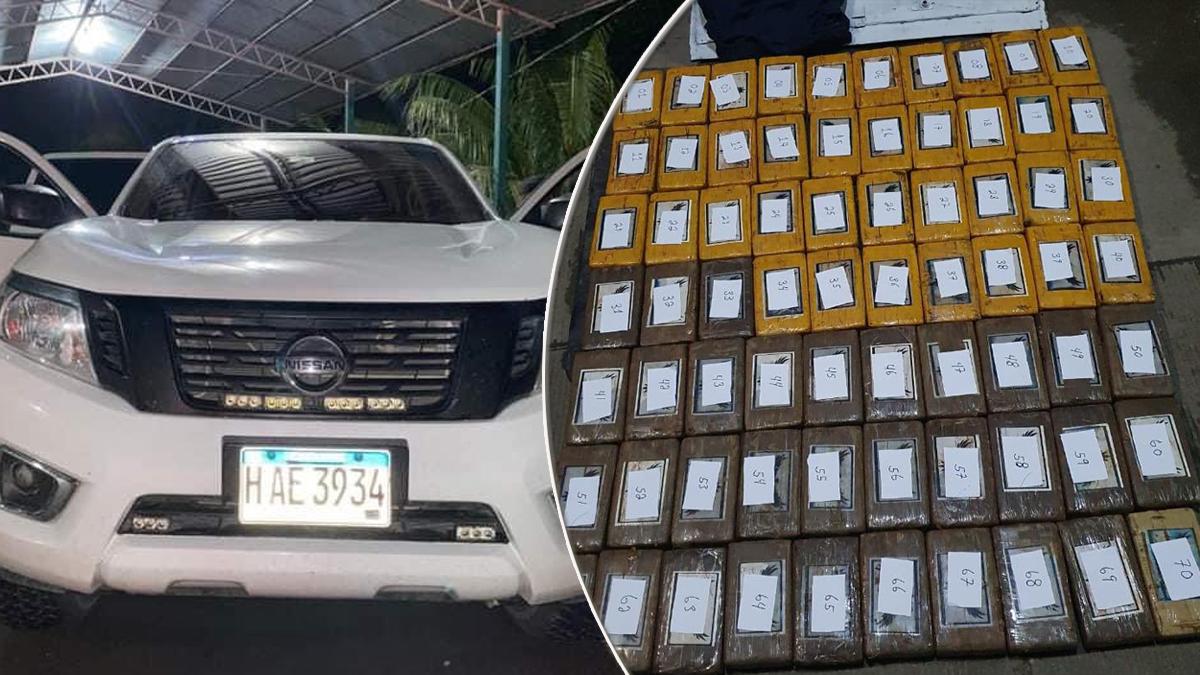 Incautan pick up cargado con 70 kilos de cocaína rotulada con un águila en Atlántida