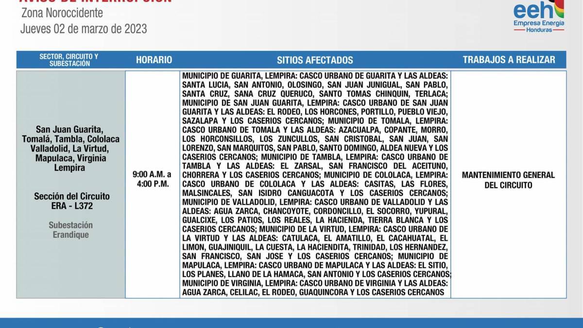 Zona Noroccidental donde no habrá energía eléctrica este jueves 2 de marzo.