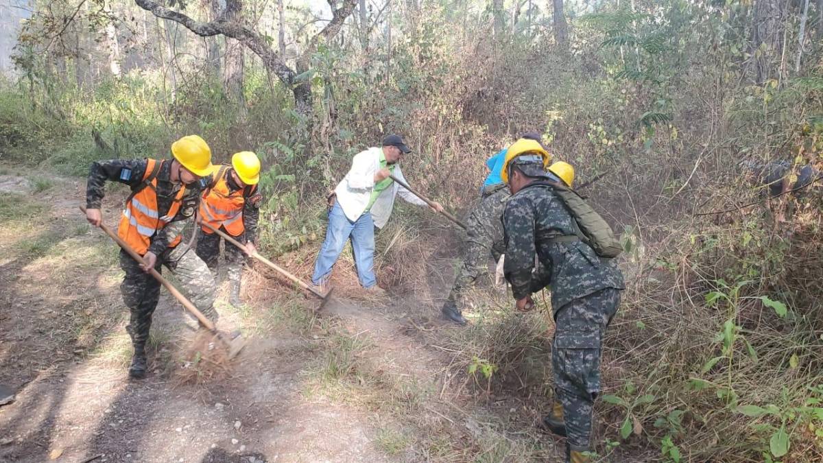 Miembros de la Fuerza de Tarea Maya Chortí de las Fuerzas Armadas contribuyó a sofocar el incendio en El Orégano, Nueva Arcadia, Copán.