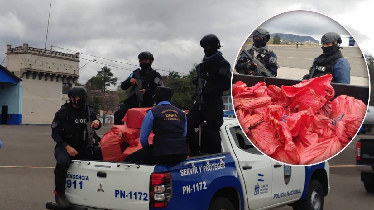 En caravana trasladaron este lunes, a la Secretaría de Seguridad, los 400 kilos de droga decomisados el fin de semana en la comunidad de Los Fales, Iriona, Colón, en la zona norte de Honduras.