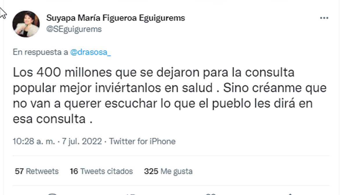 Los 400 millones de la consulta popular, inviértanlos en salud, dijo Suyapa Figueroa