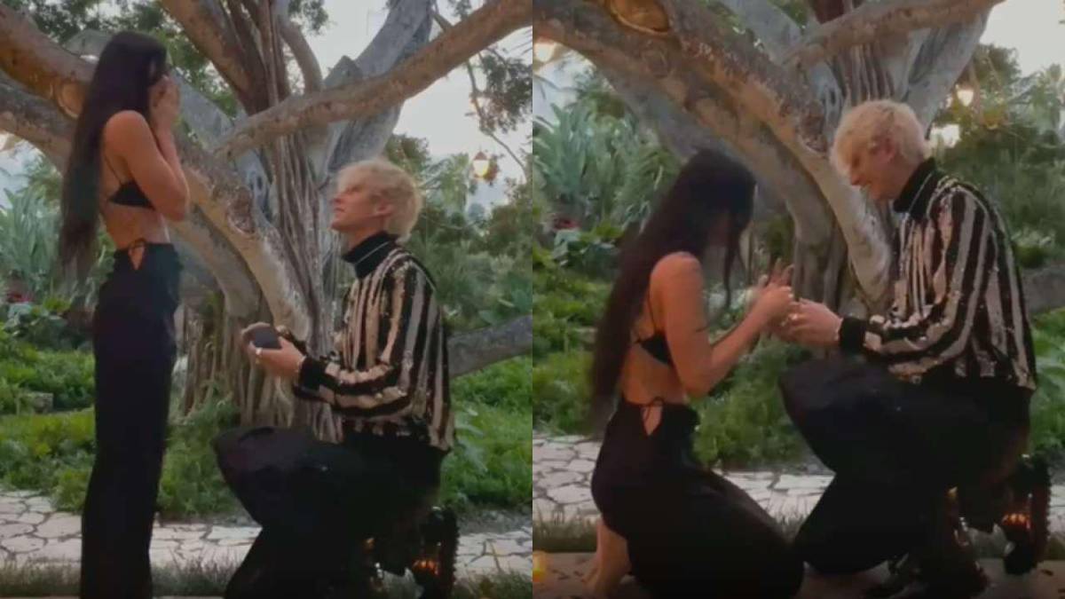 En el tope de unas escaleras, enmarcados por un árbol y amenizados por el “cantar del coquí” (anfibio nativo de la isla similar a una pequeña rana), Machine Gun Kelly se puso de rodillas y abrió la pequeña caja que contenía el anillo.