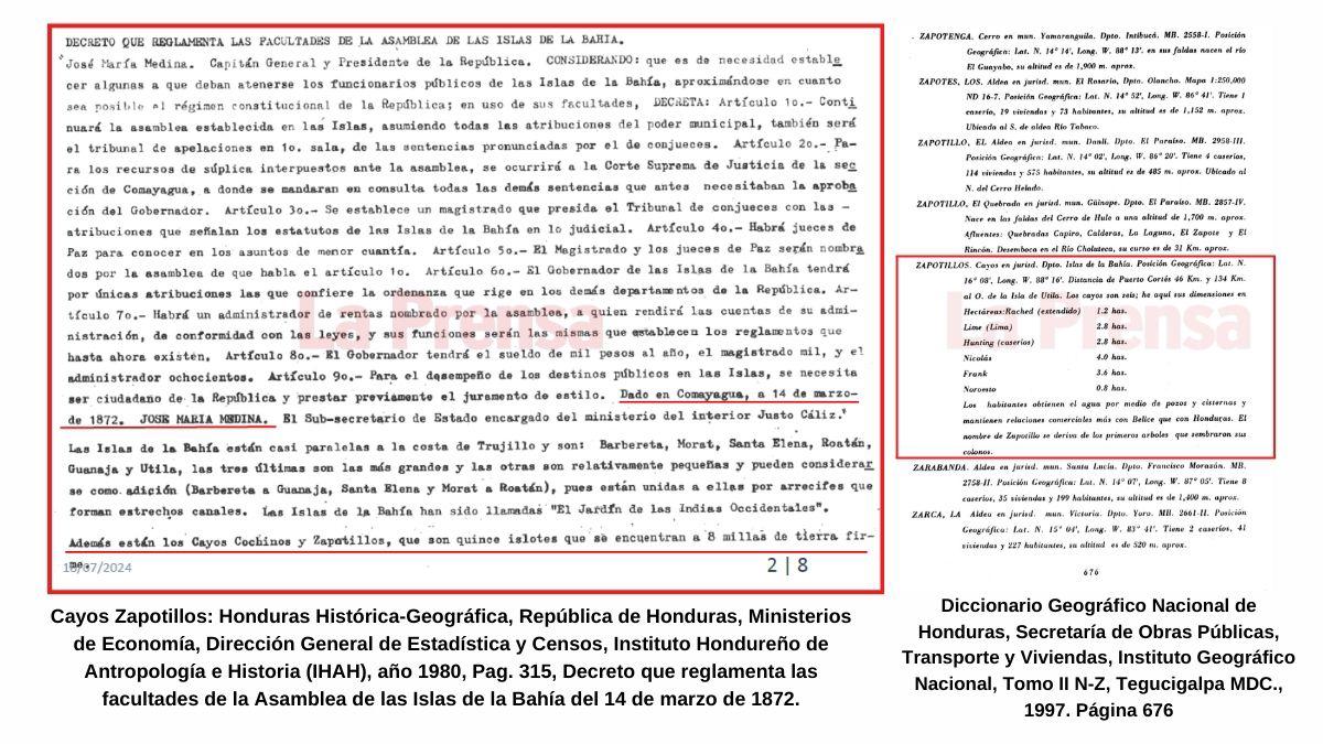 $!Cayos Zapotillos: Honduras Histórica-Geográfica, República de Honduras, Ministerios deEconomía, Dirección General de Estadística y Censos, Instituto Hondureño de Antropología eHistoria (IHAH), año 1980, Pag. 315, Decreto que reglamenta las facultades de la Asamblea delas Islas de la Bahía del 14 de marzo de 1872.