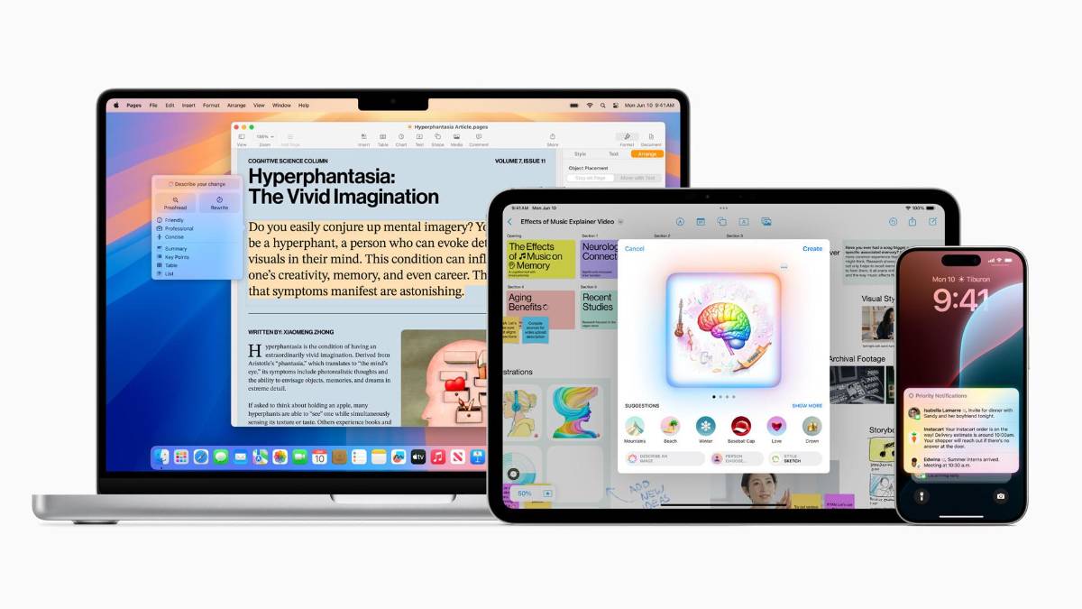 Fotografía cedida por Apple donde se aprecian un Mac, un iPad y un iPhone con el Apple Intelligence, el sistema de inteligencia personal que combina el poder de los modelos generativos con el contexto personal para brindar inteligencia útil y relevante para el usuario.