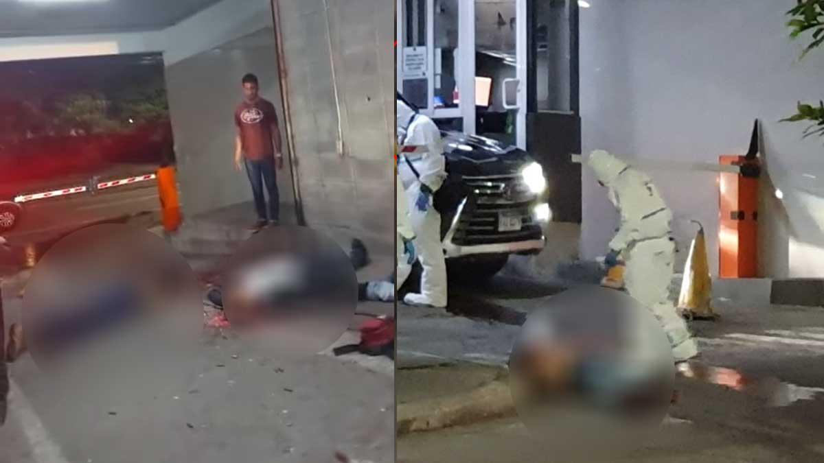 En un primer video, los cuatro cuerpos están dentro del estacionamiento y después uno de ellos aparece casi en la acera, afuera.