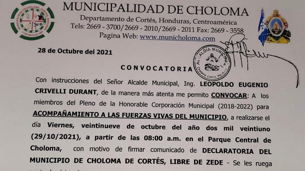 Choloma convoca a cabildo abierto para declarar al municipio libre de zede