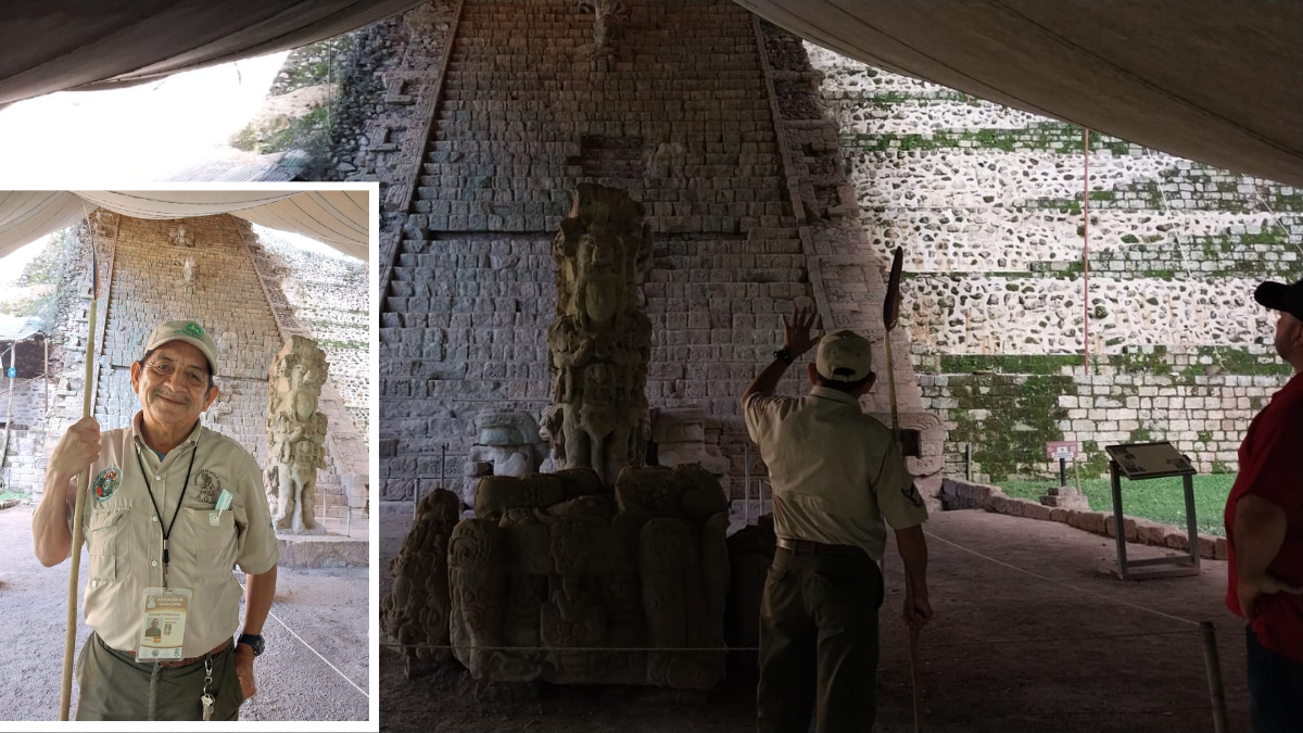 $!Eduardo Portillo es guía del parque y cuenta a los visitantes la importancia de la Escalinata Jeroglífica.