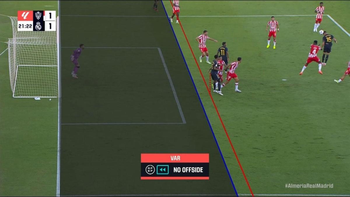 El VAR trazó las líneas y no hay fuera de juego en el gol de Bellingham.