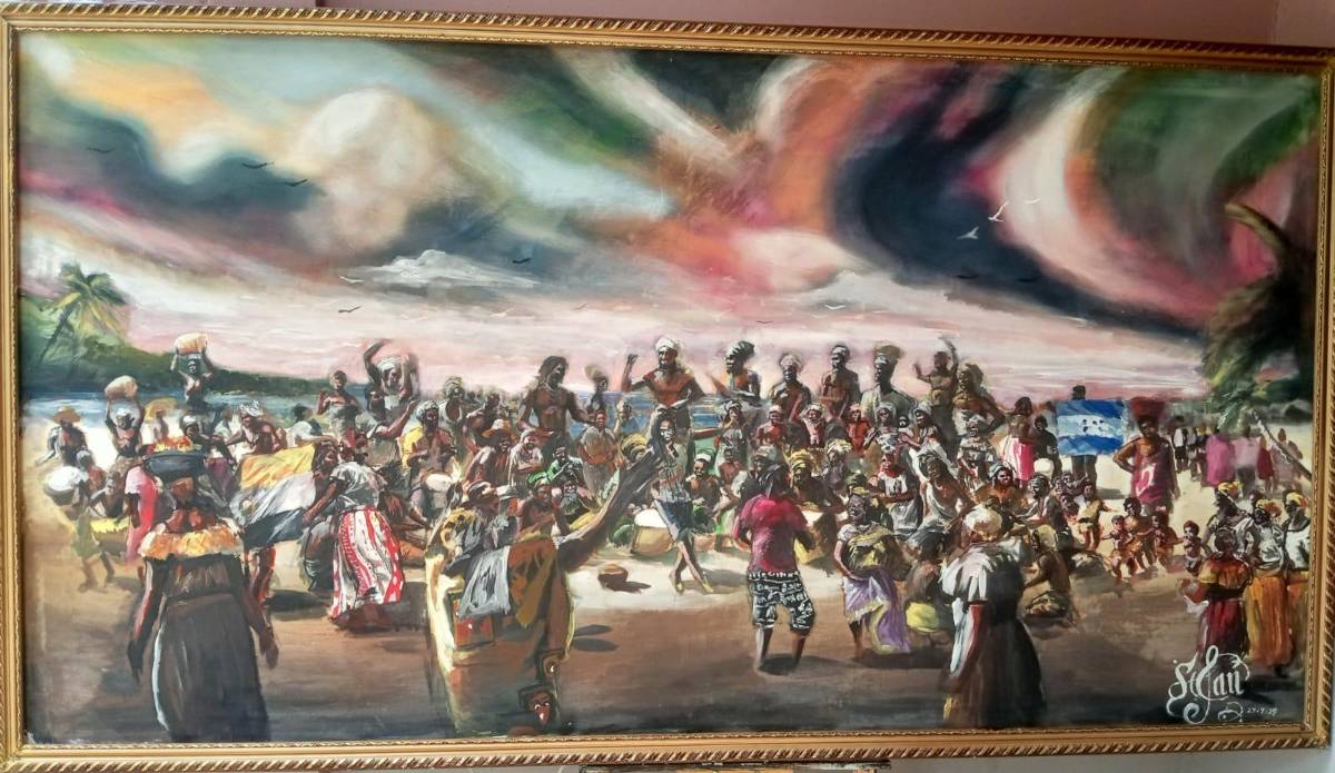 Esta pintura se llama ”Fiesta Garífuna”.
