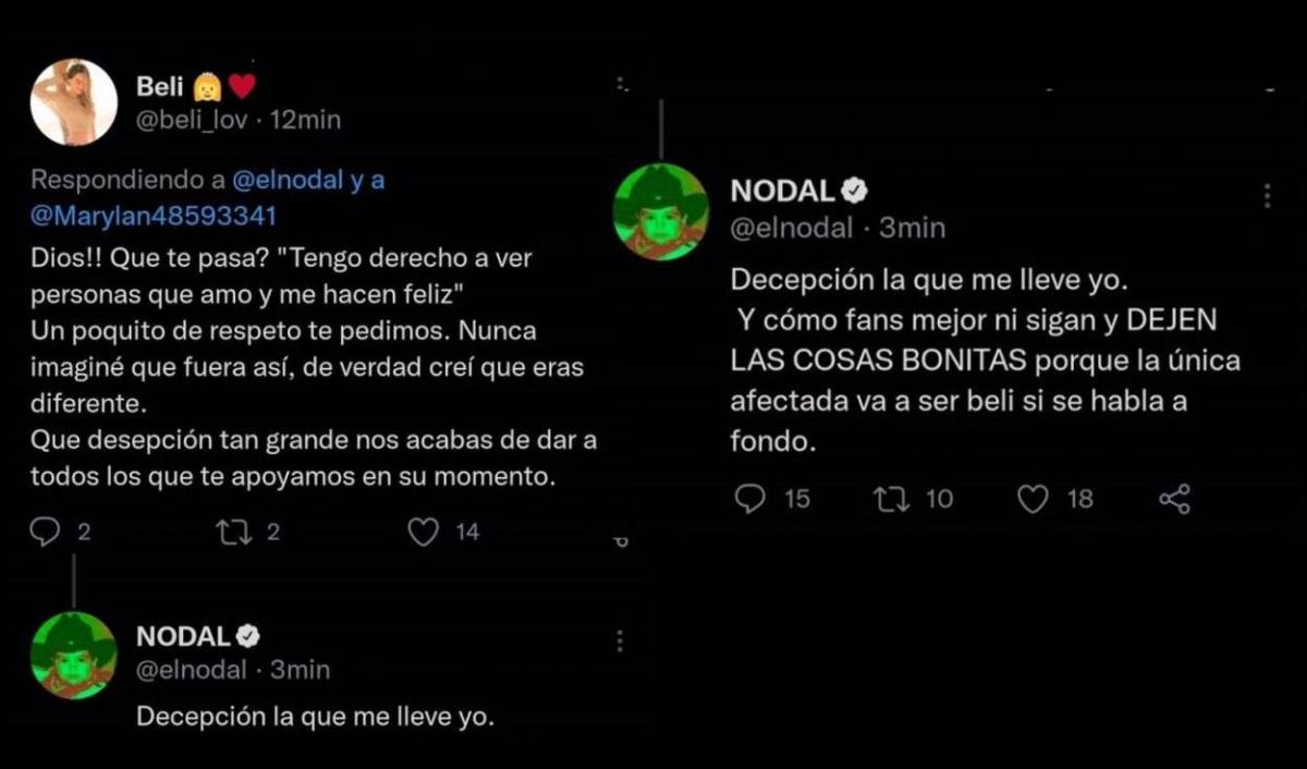 “Decepción, la que me llevo yo. Y como fans, mejor ni sigan, y dejen las cosas bonitas porque la única afectada va a ser Beli si se habla a fondo”, dijo Nodal.