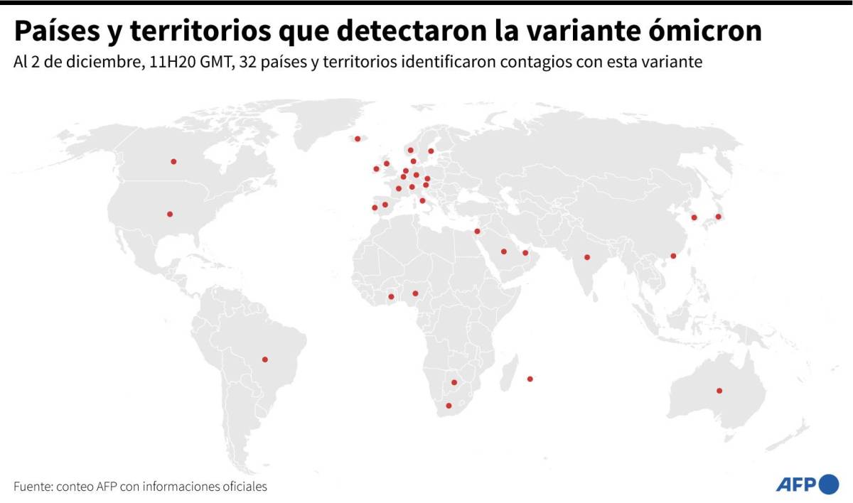 Los países que han detecto la variante ómicron hasta la fecha.