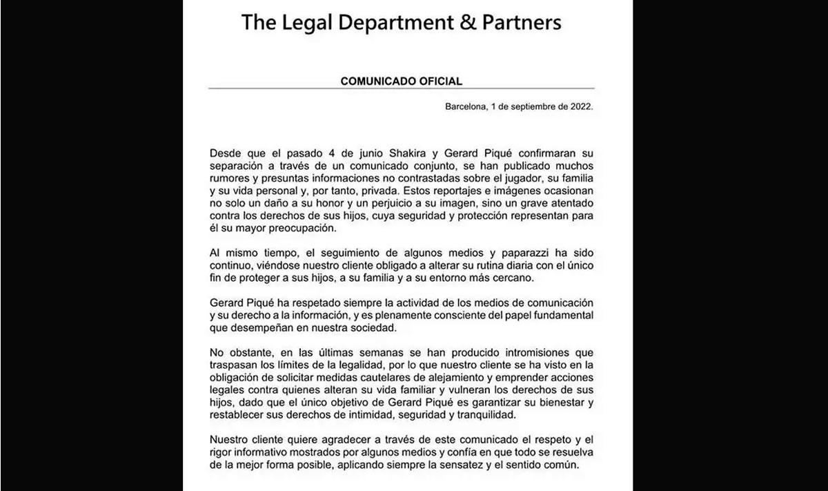 Este fue el comunicado que Gerard Piqué mandó a través de sus abogados.
