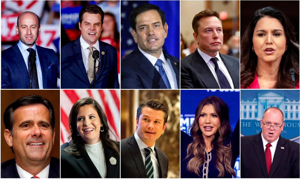 El nuevo equipo de Donald Trump, de izquierda a derecha (arriba) Stephen Miller, subdirector de política de la Casa Blanca, Matt Gaetz, fiscal general, Marco Rubio, secretario de Estado, Elon Musk, director de eficiencia gubernamental, Tulsi Gabbard, directora de Inteligencia Nacional, de izquierda a derecha (abajo) John Ratcliffe, director de la CIA, Elise Stefanik, embajadora ante la ONU, Pete Hegseth, jefe del Pentágono, Kristi Noem, secretaria de Seguridad Nacional, y Thomas Homan, zar de la frontera.