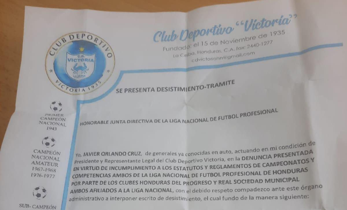 La carta del Victoria en donde retira la demanda contra Real Sociedad y Honduras Progreso.
